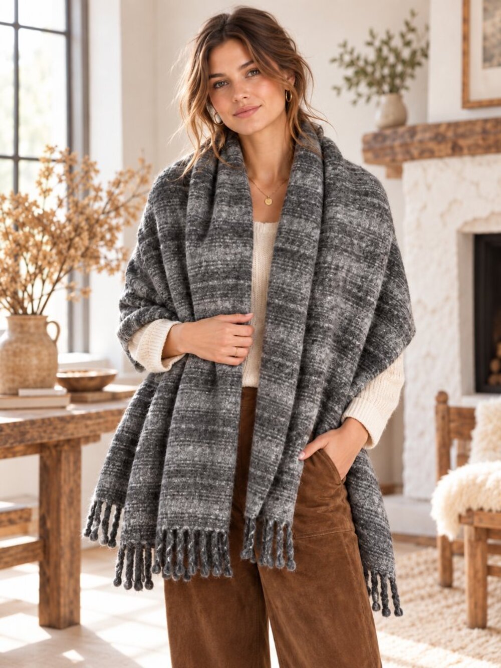 Womens Wool Blanket Scarf Gray Oversized Fringe Shawl Wrap 80 x 23 Rustic Boho